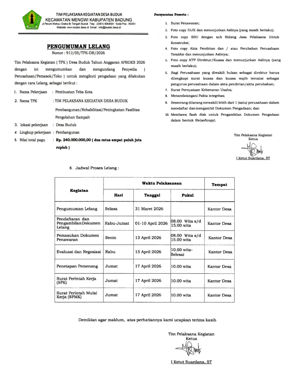 PENGUMUMAN LELANG PEMBUATAN TEBA KOTA